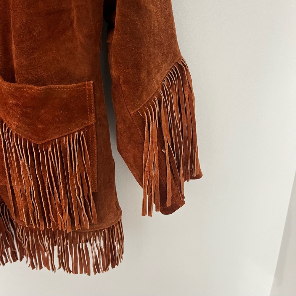 VINTAGE Chestnut Brown Suede Leather Fringe Western Boho Jacket | Women size xxl - Picture 6 of 11